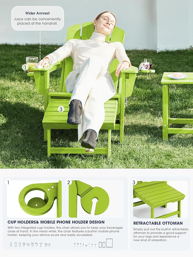 KINGYES Folding Adjustable Adirondack Chair with Ottoman, HDPE Adirondack Recliner Chair with Footrest, Apple