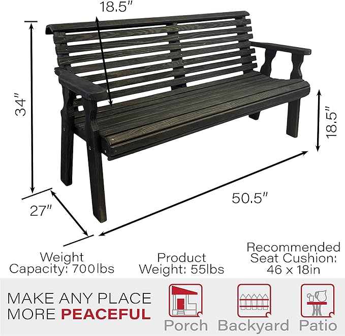 Amish Casual Heavy Duty 4 Foot Roll Back Outdoor Bench in Black Stain - Amish Made in The USA from Treated Pine for Outdoor Durability, 700 Lb Weight Capacity