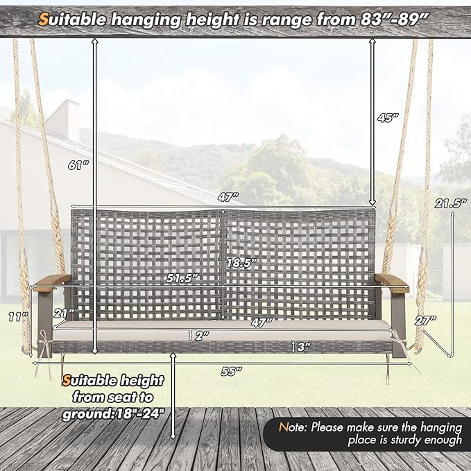 RELAX4LIFE 2-Seater Outdoor Porch Swing - Patio PE Rattan Hanging Swing Bench with Seat Cushion and Strong Hanging Ropes - Photo 5