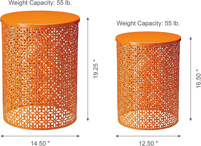 Glitzhome Outdoor Side Table Set of 2, Decorative Garden Stool for Patio Heavy Duty Metal Frame Accent Table Modern End Table, Glossy Orange