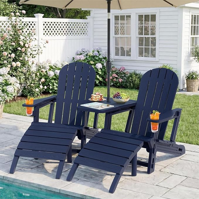 JY QAQA Outdoor Adirondack Chair Set of 2 with Detachable Table & Ottoman, All-Weather HDPE Patio Furniture with Wood Texture & Cup Holder for Patio, Poolside, Garden, Dark Blue