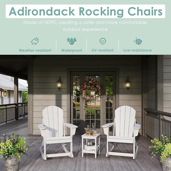 IVY&LANE Adirondack Rocking Chair | Porch-Rocker | HDPE Plastic | Weatherproof | White | for Outdoor Patio Deck Backyard
