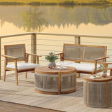 LuxenHome Outdoor Coffee Table, 31'' Acacia Wood Rope Drum Round Sides Patio Tables - Photo 8