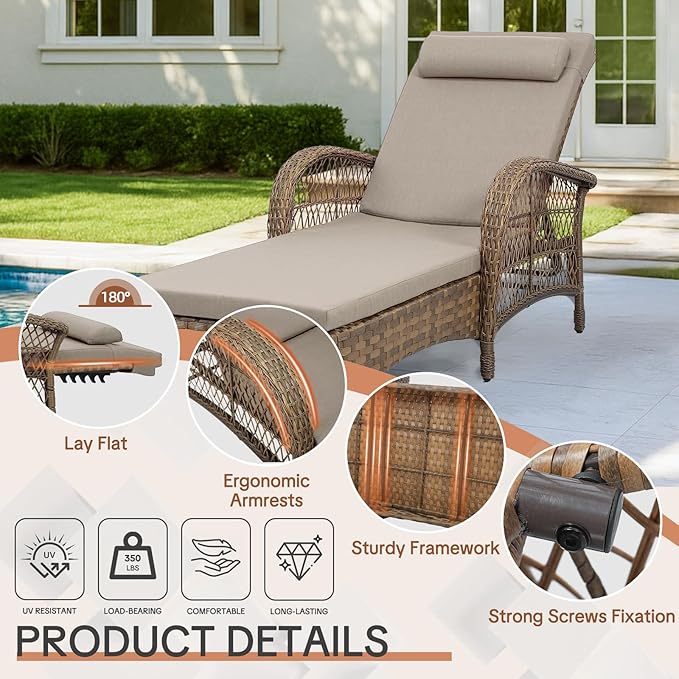 HOMEDIARY 2-Piece Outdoor Wicker Lounge Chairs with Cushion, Rattan Patio Chaise Loungers with 6-Level Backrest - Photo 4