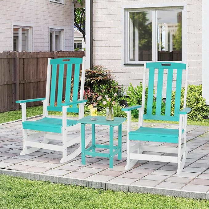 Aoodor Outdoor Rocking Chair, Ergonomic HDPE Rockers with All-Weather Design for Patio or Porch, Clashing Colors, Lake Blue and White,Set of 4