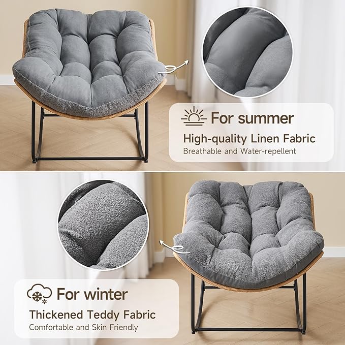 ONBRILL Outdoor Rocking Chairs, Oversized Papasan Rocking Chair Indoors with Padded Cushions, Rattan Wicker Lounge Chair for Living Room, Porch, Patio, Garden, Gray