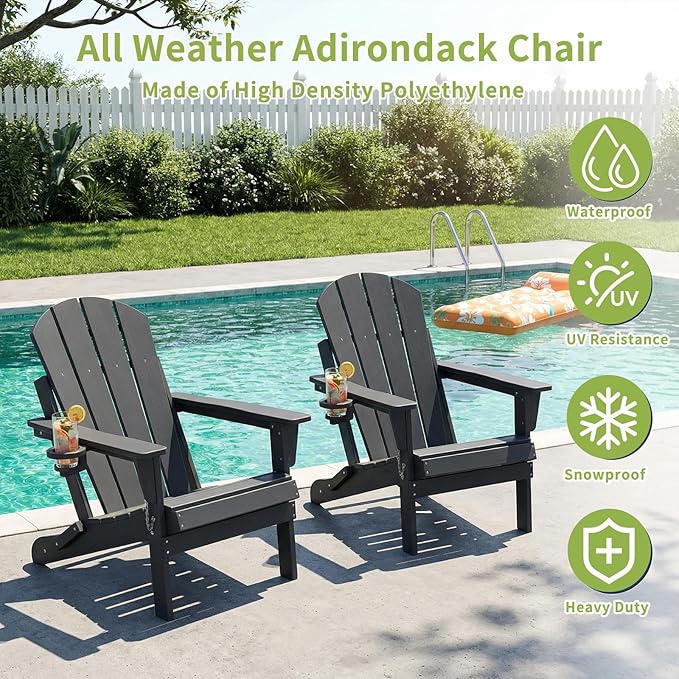 Folding Adirondack Chairs, Plastic Outdoor Patio Chairs with Cup Holder, Wood-Textured with Large Seat for Poolside Backyard Lawn, Black