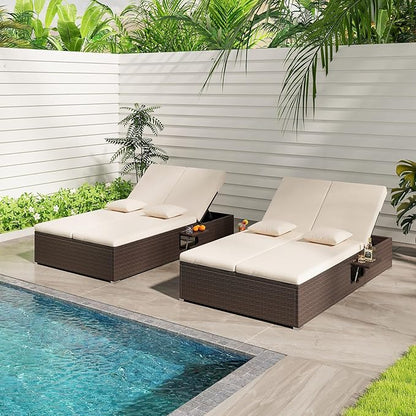 Tangkula Outdoor Rattan Daybed with 6-Level Adjustable Backrests, 2-Person Adjustable Wicker Recliner Bed with Cushions & Folding Side Trays, Double Sunbed Lounger for Balcony, Backyard & Poolside