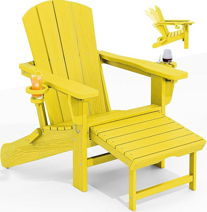 KINGYES Folding Adjustable Adirondack Chair with Ottoman & 2 Cup Holders, HDPE Adirondack Recliner Chair with Footrest, Yellow