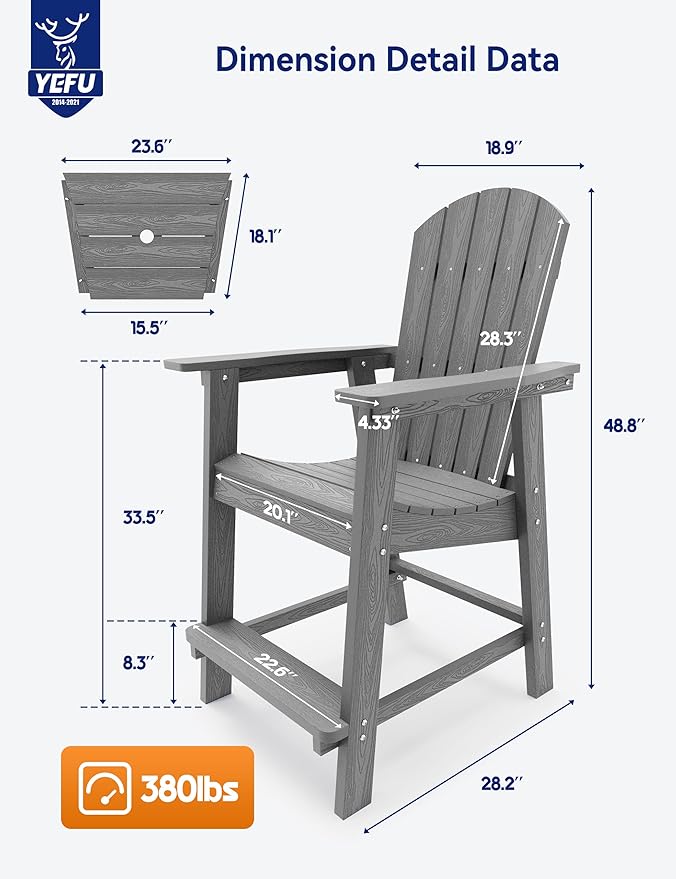 YEFU Balcony Chair, Tall Adirondack Chair Set of 4 with Connecting Tray, Poly Lumber Adirondack Chair Bar Stools, Patio Stools, 380lbs, Weather Resistant for Outdoor Deck Lawn Pool Backyard-Grey