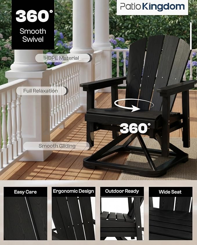 HDPE Swivel Glider Chair Outdoor, Weather Resistant Adirondack Outside Rocking Chair, Wooden Textured Outdoor Swivel Chair for Porch, Balcony, Poolside, Backyard (Black)