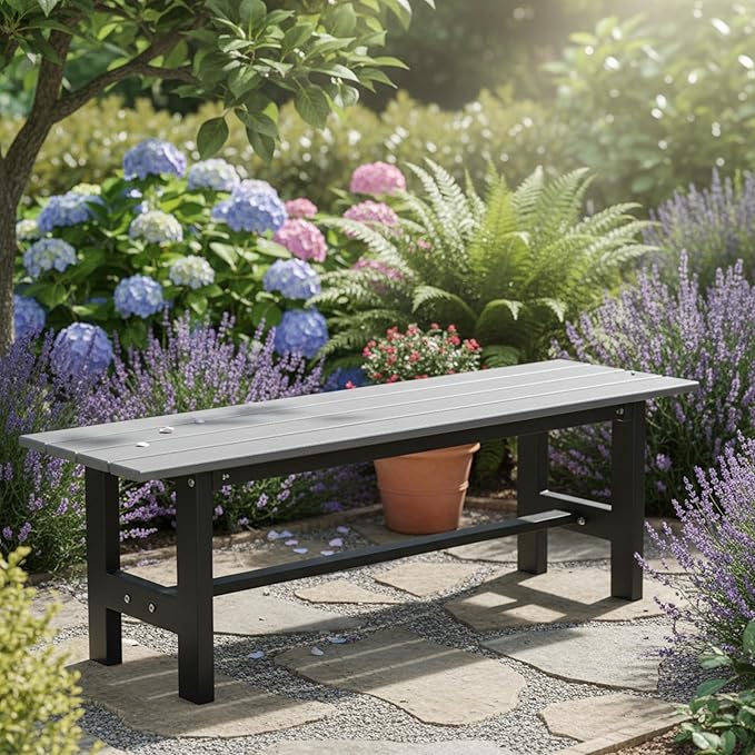 Tangkula 47 Inch HDPE Outdoor Bench Backless, Patio Garden Dining Bench with Slatted Seat & Heavy-Duty Metal Frame, 660 LBS Capacity, Weatherproof Outside Bench for Park, Yard, Entryway & Porch, Grey