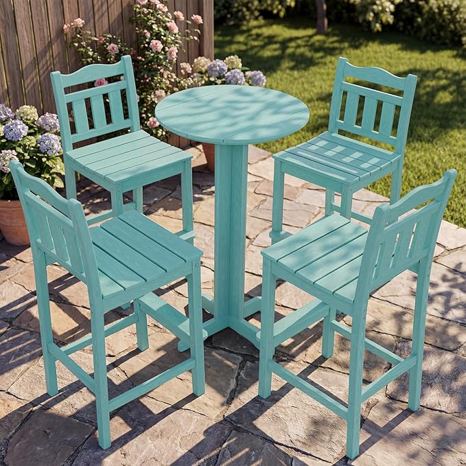 Outdoor Round Bar Table,43 Inch All-Weather HDPE Bar Height Pub Table with Adjustable Feet, Heavy Duty High Top Bistro Table for Garden, Deck, Poolside,Backyard(Aruba Blue)