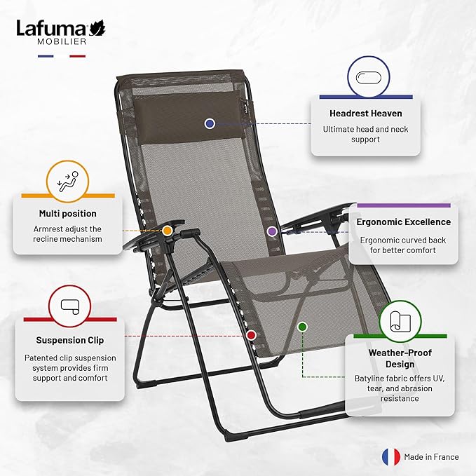 Lafuma LFM3121-8717 Futura Batyline XL Zero Gravity Recliner Chair, Portable Outdoor Lounge Chair with Steel Frame, Graphite