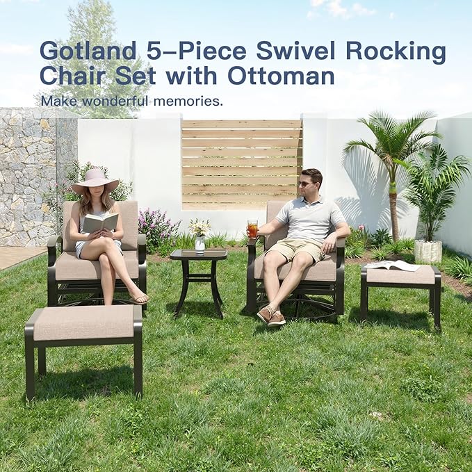 Gotland 5 Piece Patio Set, Aluminum Outdoor Swivel Chairs Set of 2 with 2 Ottoman 5.1’’ High-Resilience Seat Cushions - Photo 4