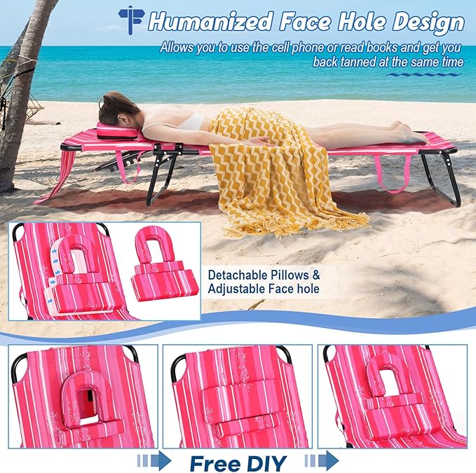 Goplus Tanning Chair, Folding Beach Lounge Chair with Face Hole, Removable Pillow, Carry Strap, Position Adjustable, Sunbathing Chair, Portable Outside Lounge Chair for Patio Pool