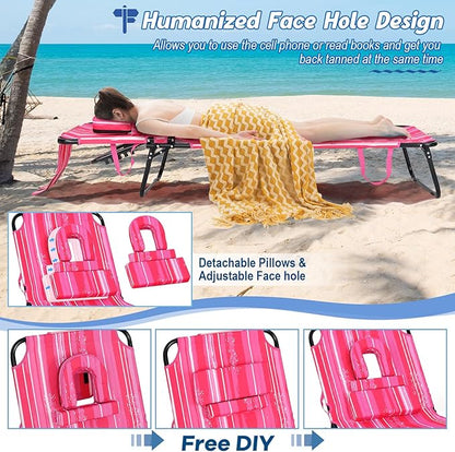 Goplus Tanning Chair, Folding Beach Lounge Chair with Face Hole, Removable Pillow, Carry Strap, Position Adjustable, Sunbathing Chair, Portable Outside Lounge Chair for Patio Pool