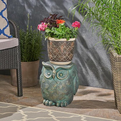 OWL Garden Stool, Plant Stool or OWL Table for Garden, Front Porch, Patio, Outside, Indoor, Lightweight Concrete, Weather-Resistant, Distressed Gold Patina Finish, No Assembly (Owl)