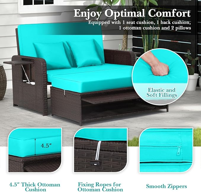 COSTWAY Patio Rattan Daybed with Cushions, Outdoor Wicker Loveseat Sofa with Storage Ottoman - Photo 6