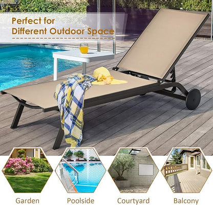 Tangkula Outdoor Aluminum Chaise Lounge, Patio Lounge Recliner Chair w/6 Adjustable Backrest, Reclining Chaise Chair with Wheels for Beach, Yard, Balcony, Poolside (1, Brown)