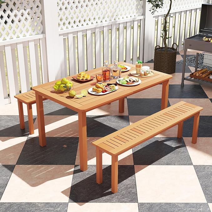 Tangkula Outdoor Wood Bench, 59” Long Patio Dining Bench Set of 2, Backless Wooden Bench with Teak Oil Finish & Slat Seat, Accent Entryway Bench, Farmhouse Bench for Yard, Garden, Porch, Indoors