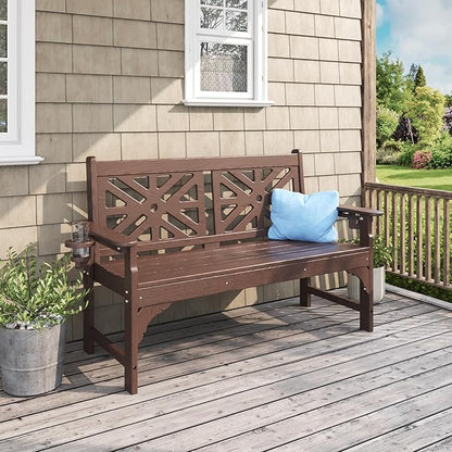 Oversized Outdoor Bench Set of 2, 51.5” HDPE Aesthetic Garden Bench with Cup Holders, Memorial Benches - Easy Assembly & All Weather, for Porch & Patio, 800lbs Load Capacity (Brown)