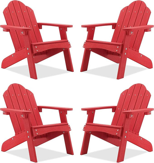 LUE BONA Kids Adirondack Chair Set of 4, Red Poly Lumber Plastic Weather Resistant Kids Outdoor Patio Lounge Chair for Balcony, Backyard