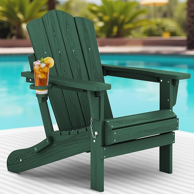 KINGYES Folding Adjustable Adirondack Chair, HDPE All Weather Use Reclining Adirondack Chair for Outdoor - Green