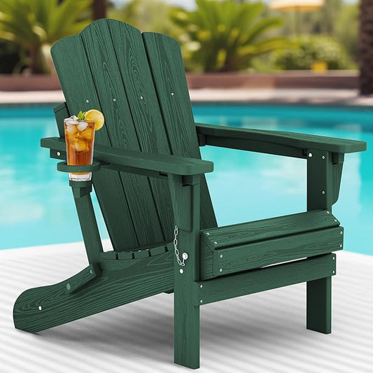 KINGYES Folding Adjustable Adirondack Chair, HDPE All Weather Use Reclining Adirondack Chair for Outdoor - Green