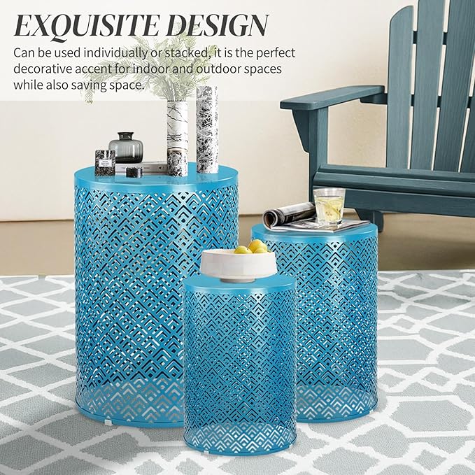Outvita Outdoor Nesting Tables Set of 3, Heavy Duty Metal Frame Accent Modern End Table, Portable Side Table for Indoor, Outdoor, Living Room, Meander Pattern - Blue