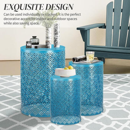 Outvita Outdoor Nesting Tables Set of 3, Heavy Duty Metal Frame Accent Modern End Table, Portable Side Table for Indoor, Outdoor, Living Room, Meander Pattern - Blue