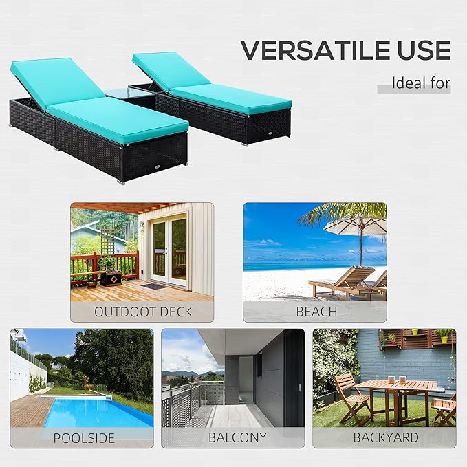 Outsunny Chaise Lounge Chair Set of 2 with 5 Angle Backrest, Outdoor Coffee Table, Water Repellent Cushions, PE Rattan Wicker Poolside Chairs, 3-Piece Pool Furniture Set, Dark Brown/Turquoise