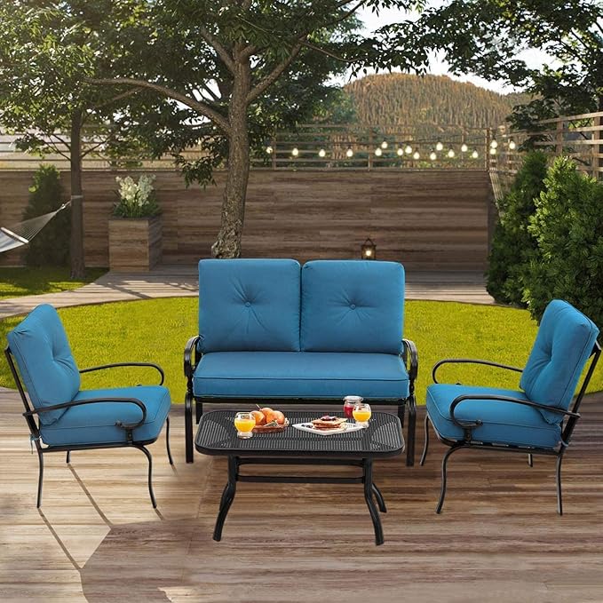 Outdoor Furniture Patio Conversation Set Loveseat, 2 Chairs, Coffee Table with Cushion, Lawn Front Porch Garden - Photo 2