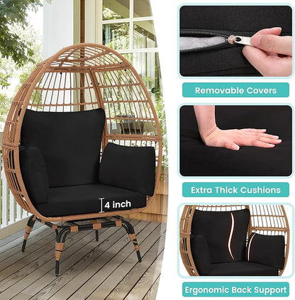 Oversized 360° Swivel Rattan Egg Chair for Adult, Indoor Outdoor Patio Large Wicker Egg Chair with Overstuffed Cushions, 440lb Weight Capacity, Natural Rattan with Black Cushion