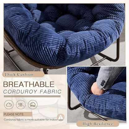 Large Indoor Rocking Chair Set of 2, Oversized Rocking Papasan Chair with Thick Cushion and Frame,Comfy Corduroy Rocker Wicker Egg Chairs Lounge Reading Chair for Living Room, Bedroom, Navy Blue