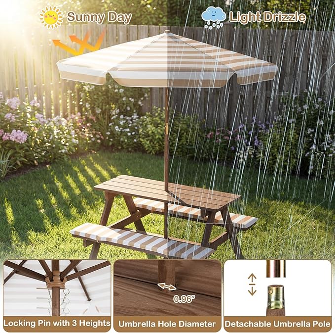 Costzon Kids Picnic Table, Wooden Toddler Outdoor Table & Bench Set with Removable Umbrella & Cushions, Stripe Fabric, Kids Outdoor Furniture for Patio Backyard Garden, Fits 4 Children Age 3+ (Coffee)