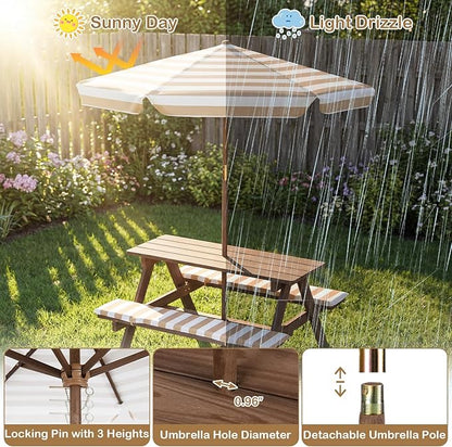 Costzon Kids Picnic Table, Wooden Toddler Outdoor Table & Bench Set with Removable Umbrella & Cushions, Stripe Fabric, Kids Outdoor Furniture for Patio Backyard Garden, Fits 4 Children Age 3+ (Coffee)