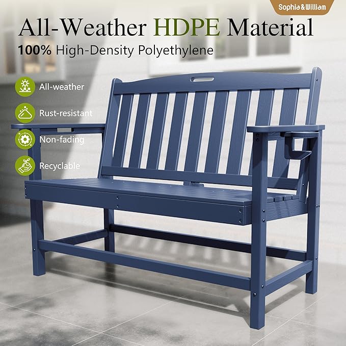 Sophia & William HDPE Outdoor Bench Weatherproof, 2-Person Garden Bench with Cup Holders, 700 lbs Capacity, Patio Benches for Porch, Garden, Backyard and Park, Navy