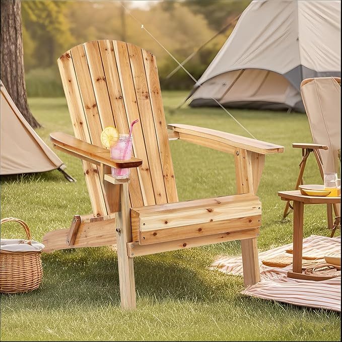 Folding Adirondack Chairs, Outdoor Wooden Lawn Chairs with Cup Holder, Patio Chair for Garden,Yard,Poolside,Backyard, 350lb Weight Capacity(Natural)