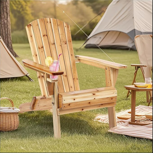 Folding Adirondack Chairs, Outdoor Wooden Lawn Chairs with Cup Holder, Patio Chair for Garden,Yard,Poolside,Backyard, 350lb Weight Capacity(Natural)