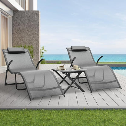 Athena Collection Outdoor Chaise Lounge Set, Metal Frame Pool Lounge Chairs with Folding Side Table and Headrest Armrest, Breathable Sun Lounger for Poolside Backyard Patio Outdoor, Grey