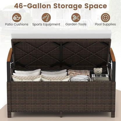 RELAX4LIFE Wicker Outdoor Storage Bench - Rattan Deck Box w/Protective Liner for Patio Furniture Pillows, Pool Supplies & Garden Tools, Porch Loveseat with Seat Cushion, Acacia Wood Armrests