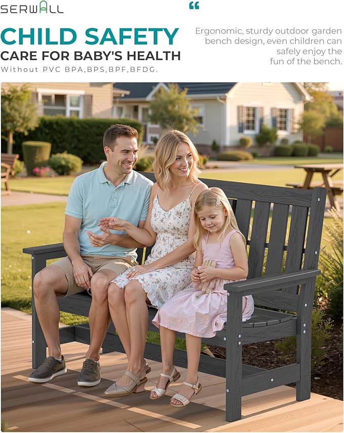 SERWALL Outdoor Bench with Cup Holder, 58" HDPE Garden Park Bench Suitable for 3 Person - Photo 4