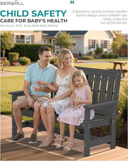 SERWALL Outdoor Bench with Cup Holder, 58" HDPE Garden Park Bench Suitable for 3 Person, All Weather Patio Benches with High Backrest and Wide Armrests for Garden, Park, Yard, Front Porch, Grey