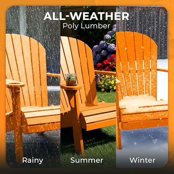 Ecommersify Folding Adirondack Chair with Cup Holder - (Bright Orange) - Heavy Duty Recycled Poly Lumber Folding Chair - Amish Crafted Outdoor Furniture - Made in USA
