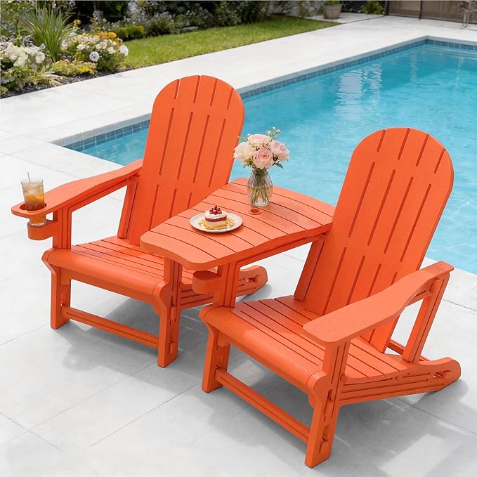 Vongrasig Adirondack Chairs Set of 2 with Removable Tabletop, All-Weather HDPE Outdoor Chair Set with Wooden Textured, Cup Holder for Patio, Poolside, Deck, Garden, Orange