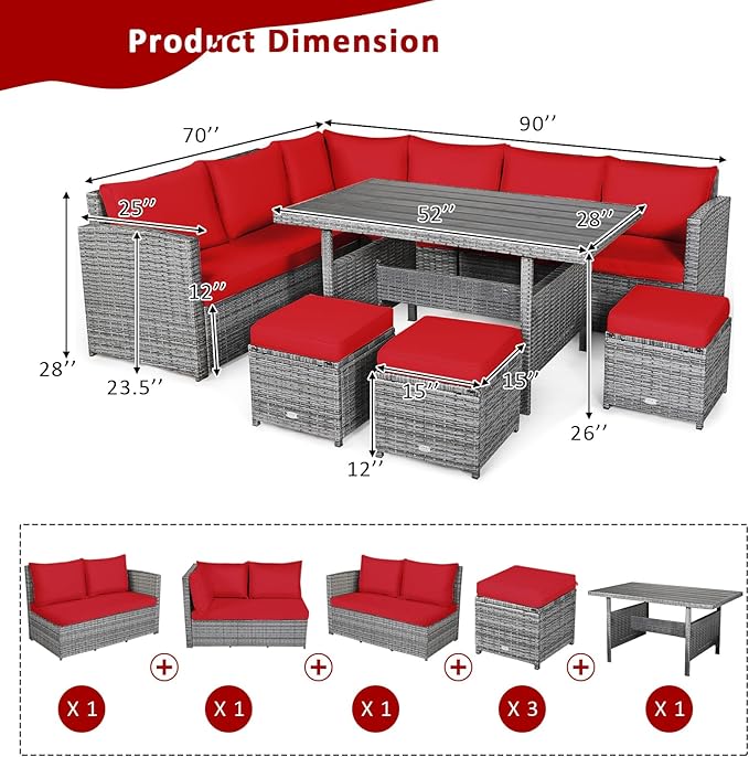 COSTWAY 7 PCS Wicker Outdoor Conversation Set, Patio Sectional Furniture Sofa Set with Table & Seat Cushions, Rattan Furniture Sets for Backyard Garden Poolside Porch, Red
