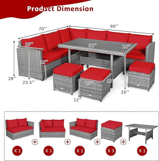 COSTWAY 7 PCS Wicker Outdoor Conversation Set, Patio Sectional Furniture Sofa Set with Table & Seat Cushions, Rattan Furniture Sets for Backyard Garden Poolside Porch, Red