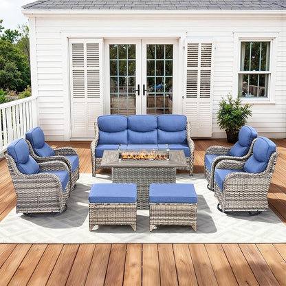 Luxury Patio Furniture Set with 42.5" Fire Pit Table, 8 Pieces High Back All Weather Wicker Outdoor Furniture w/ 6-Inch Thick Cushions, Patio Swivel Chairs Couch for Deck Balcony Backyard Grey/Blue
