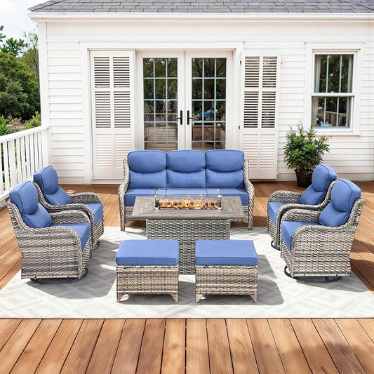 Luxury Patio Furniture Set with 42.5" Fire Pit Table, 8 Pieces High Back All Weather Wicker Outdoor Furniture w/ 6-Inch Thick Cushions, Patio Swivel Chairs Couch for Deck Balcony Backyard Grey/Blue